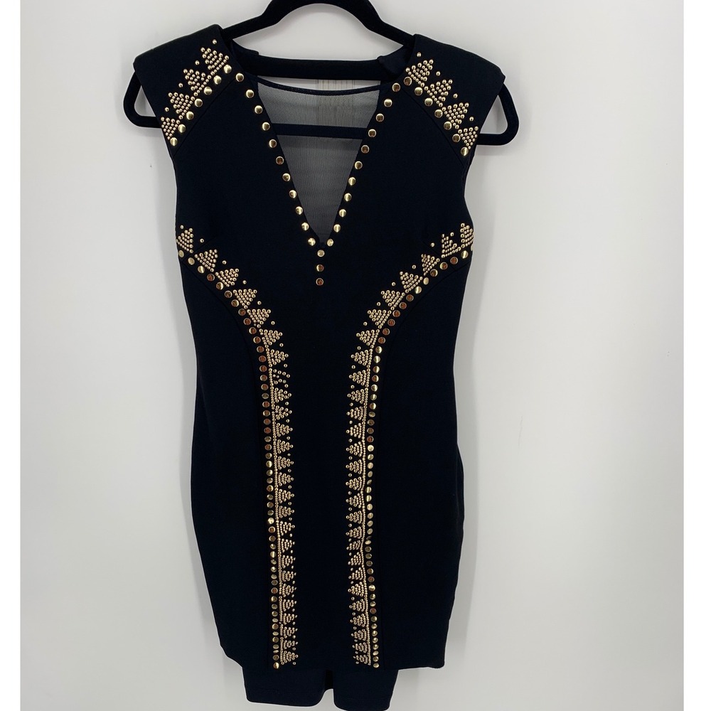 Cache Black Studded Bodycon Cocktail Dress Size 6 Gold Stud Mesh Insert